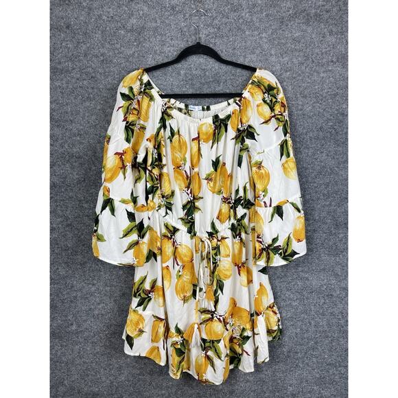 blue island Dresses & Skirts - Blue island Mini Dress Size Large Lemon Print Off the Shoulder Bell-Sleeve